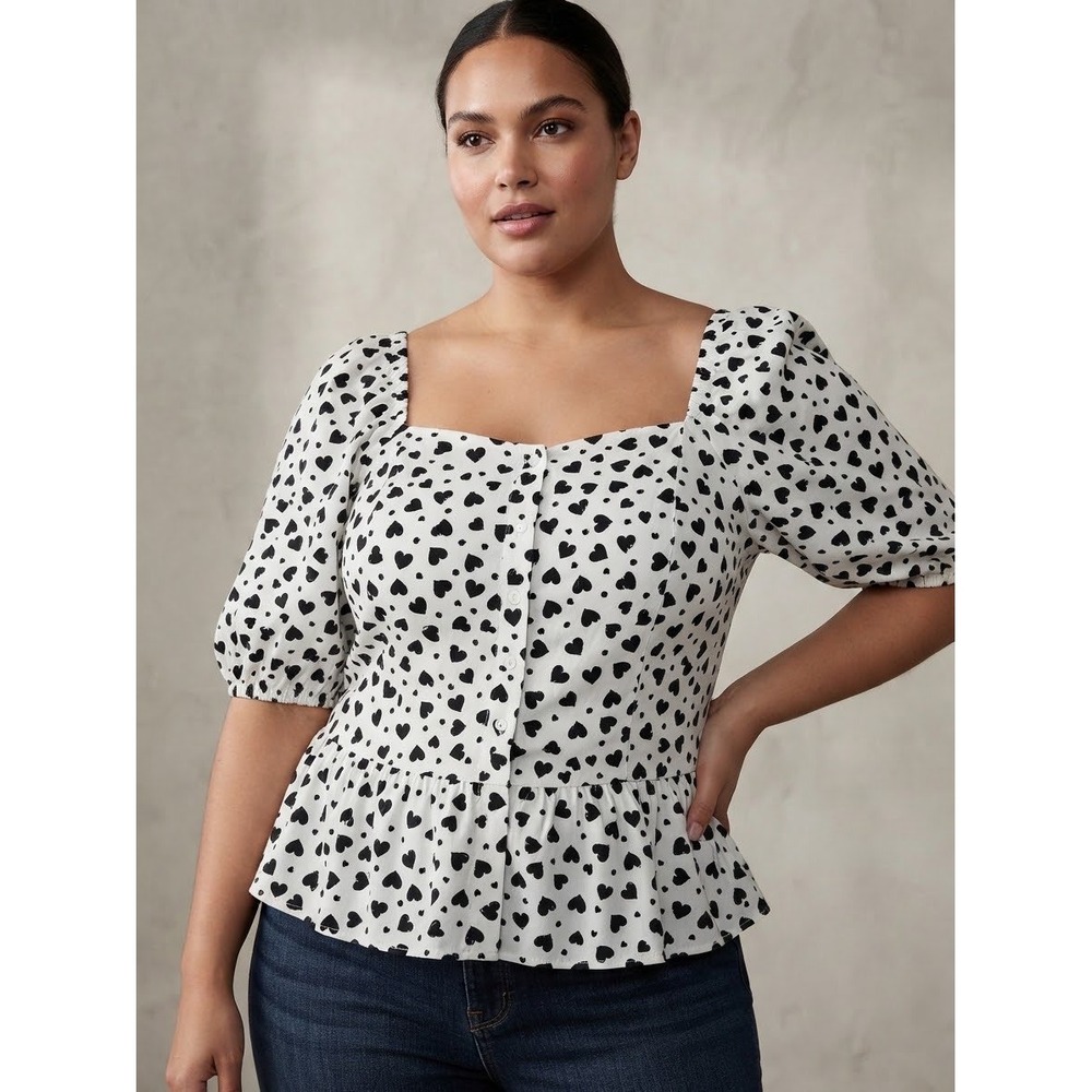 Milk & Honey Heart Print Peplum Top White Black Puff Sleeve Smocked Back 2X